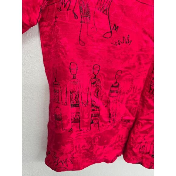 Chico's Linen Silk Blend Shirt Size 1 M Red Black Artsy Funky People Button Down - Picture 5 of 11